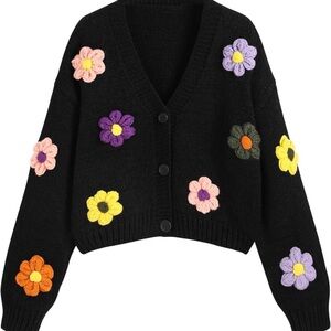 Cider Black Cardigan with Multicolor Floral Embellishments